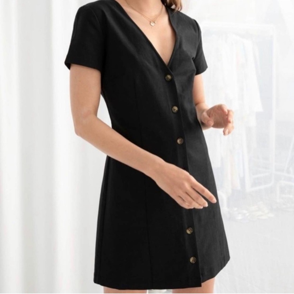 & Other Stories Black Button Front Cotton Mini Shirt Dress